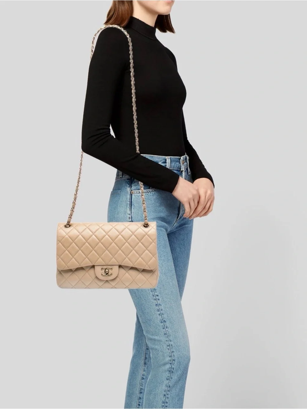 CHANEL Beige Quilted Double Flap Shoulder Bag with Gold Hardware